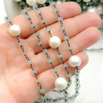 Load image into Gallery viewer, Blue Aqua Chalcedony & Pearl Oxidized 925 Sterling Silver Wire Chain.