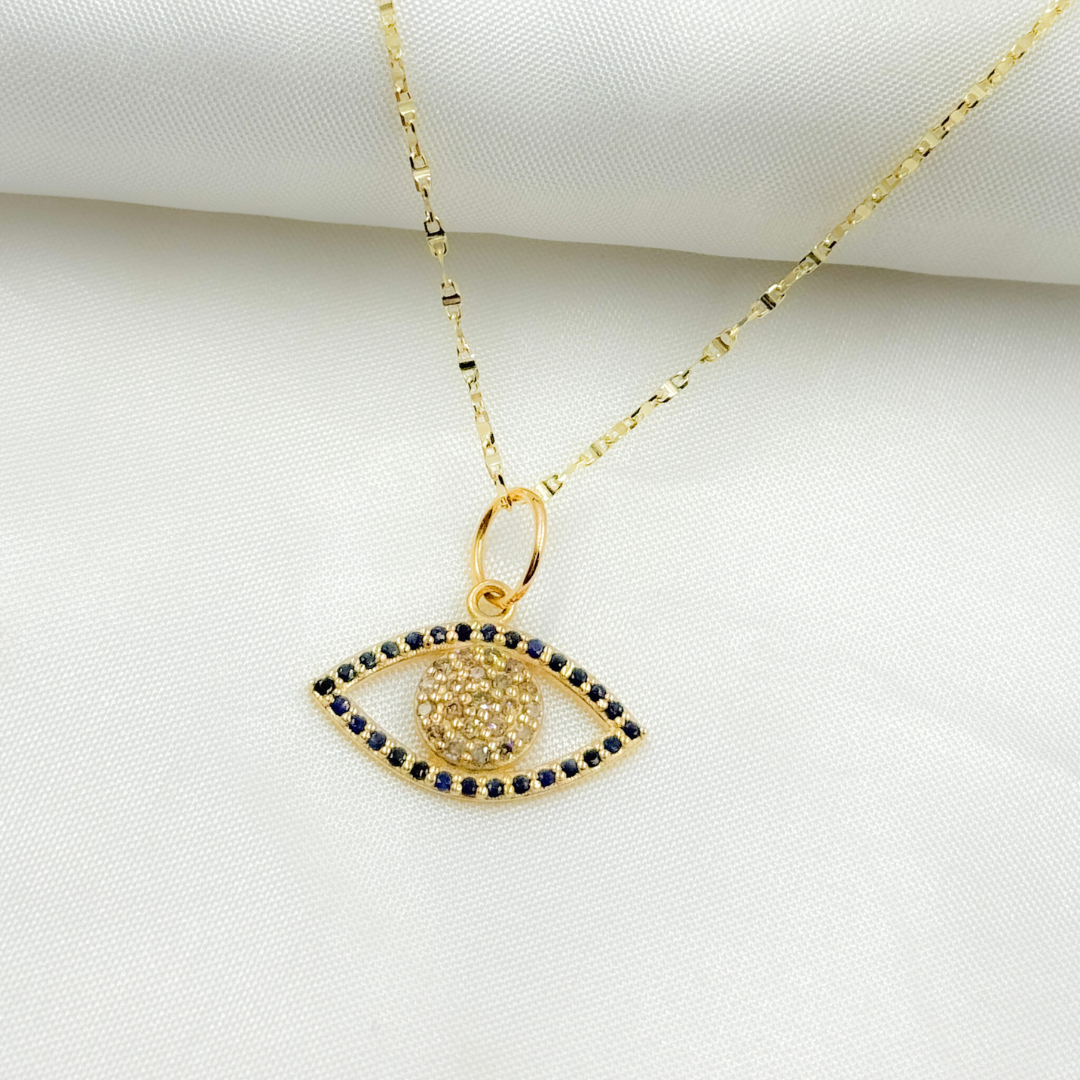 14K Gold Charm Evil Eye Pendant with Diamonds & Gemstone. GDP510