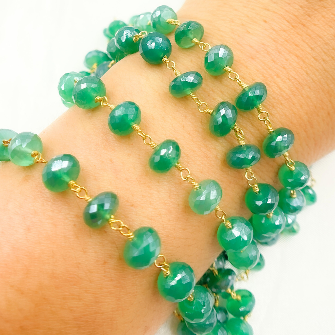 Coated Green Onyx Rondel Faceted Gold Plated Wire Chain. GRE4