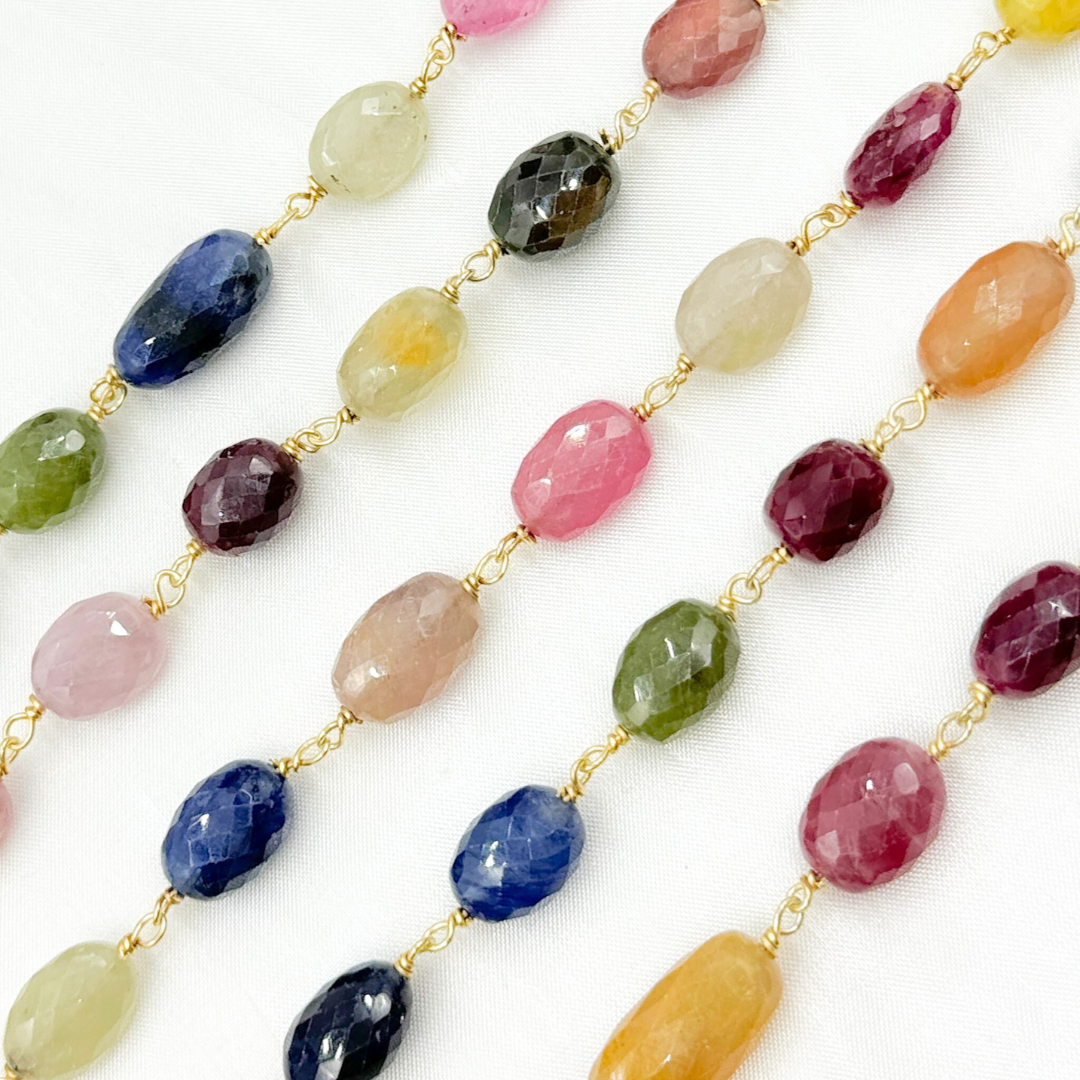 Multi Sapphire Rondel Faceted Gold Plated 925 Sterling Silver Wire Chain. MSA34