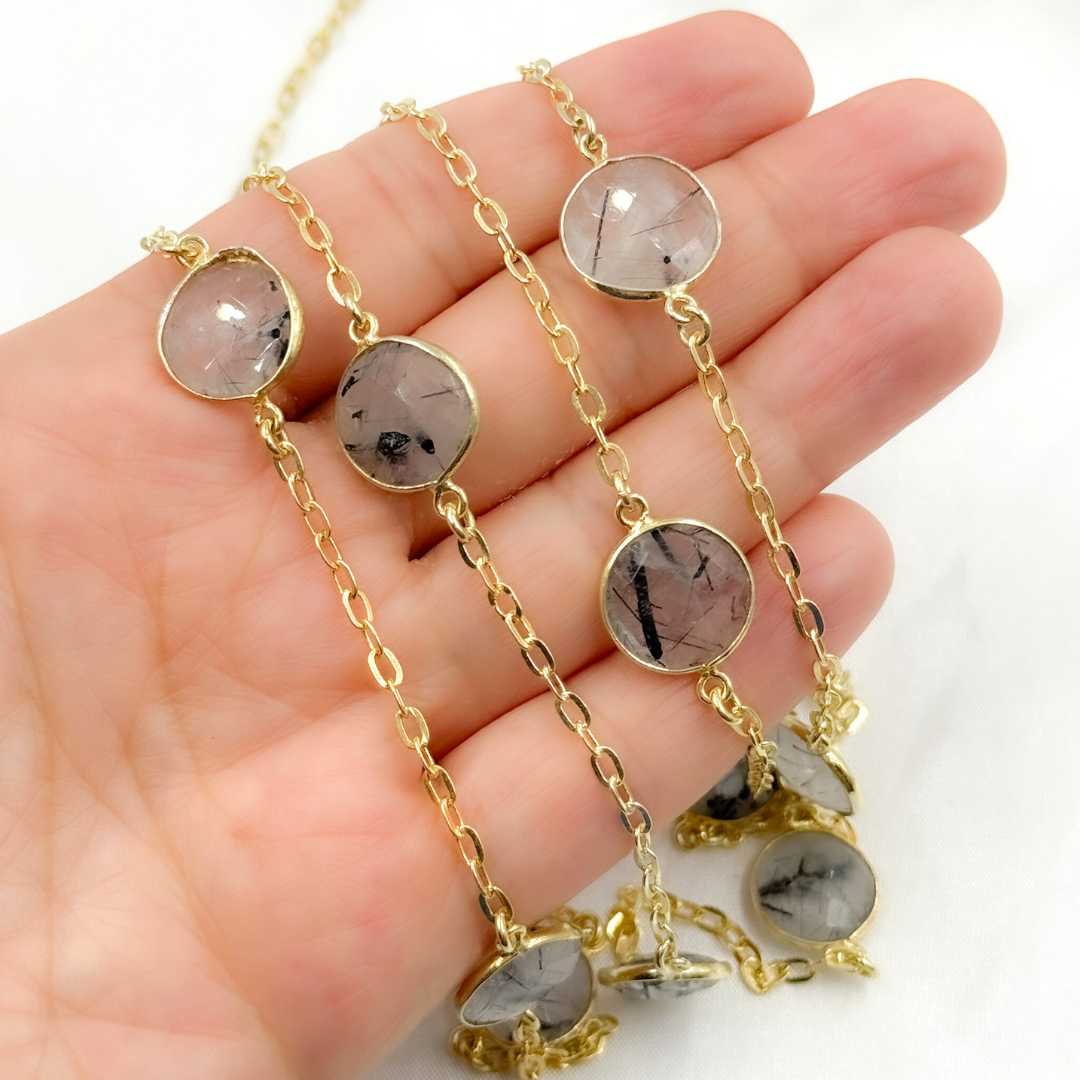 Black Rutile Round Shape Bezel Gold Plated Connected Wire Chain. BRU5