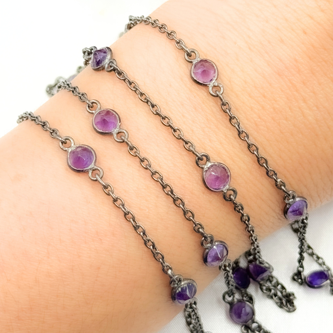Amethyst Round Shape Bezel Oxidized Connected Wire Chain. AME6
