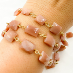 Load image into Gallery viewer, Peach Moonstone Rectangular Shape Gold Plated Wire Chain. MS42