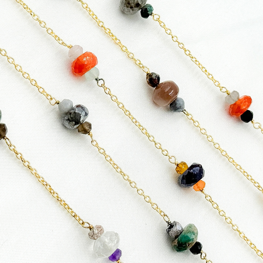 Multi Gemstone Gold Plated Connected Wire Chain. MGS23