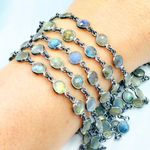 Load image into Gallery viewer, Labradorite Round Shape Bezel Oxidized 925 Sterling Silver Wire Chain. LAB24