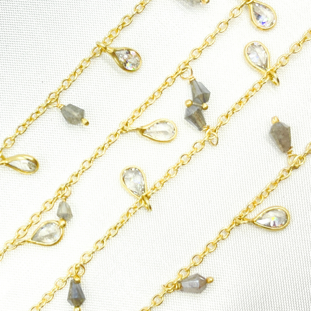 Coated Labradorite Drop & CZ Pear Shape Dangle Gold Plated Wire Chain. CLB63