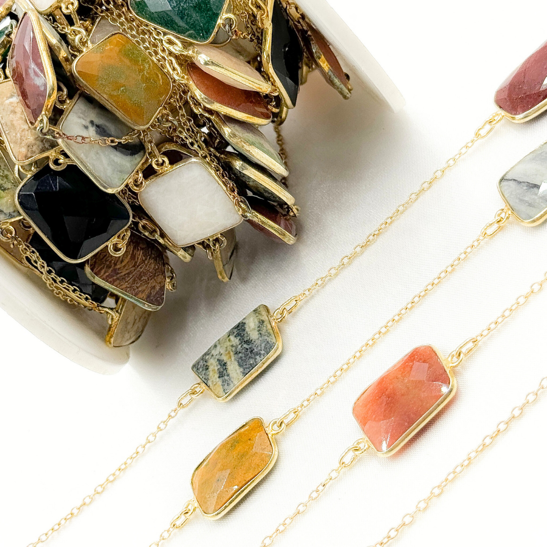 Multi Agate Rectangular Shape Bezel Gold Plated Connected Wire Chain. MAG2