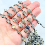 Load image into Gallery viewer, Labradorite Round Shape Bezel Oxidized 925 Sterling Silver Wire Chain. LAB24