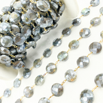 Load image into Gallery viewer, Coated Labradorite Coin Shape Gold Plated Wire Chain. CLB36