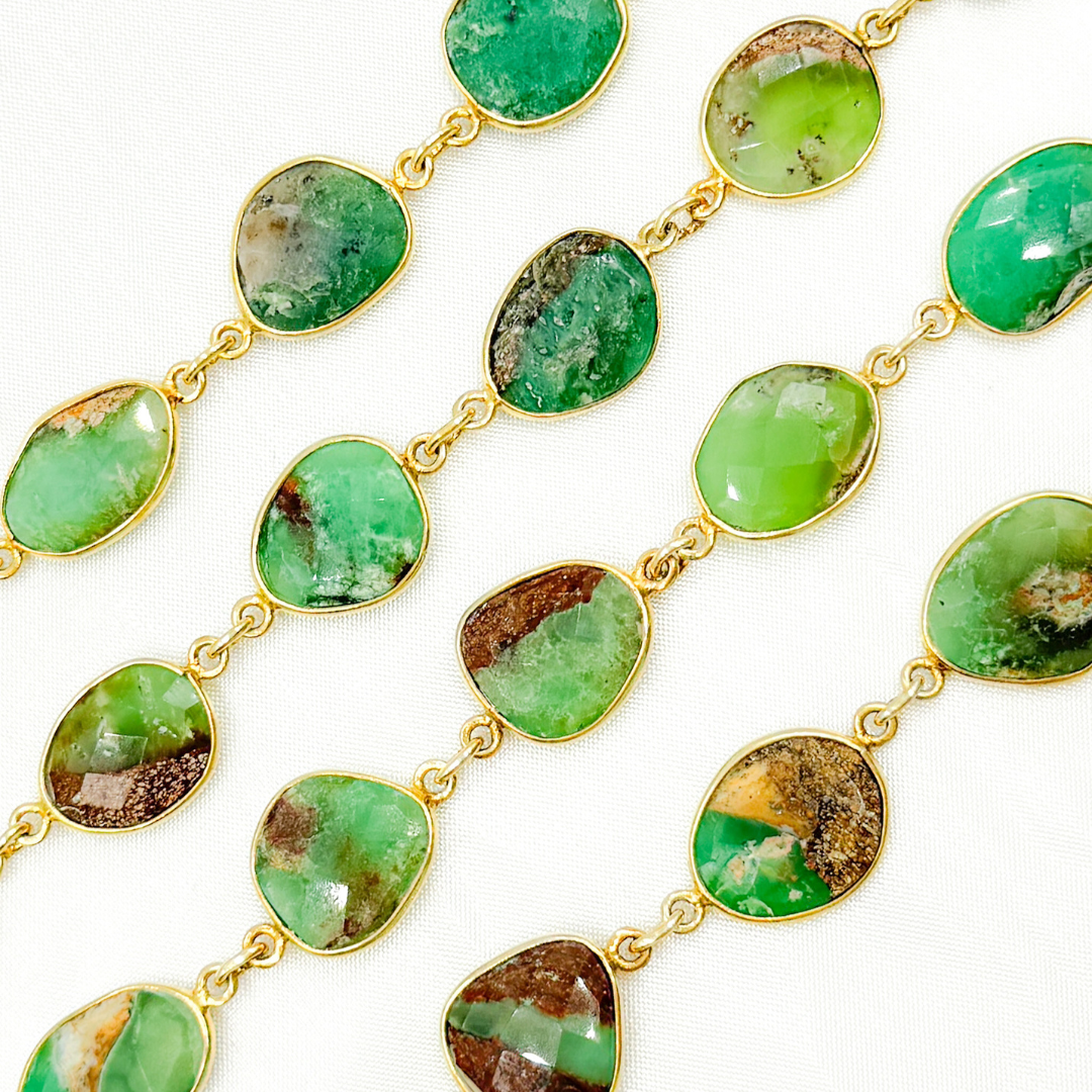 Chrysoprase Organic Shape Bezel Gold Plated Wire Chain. CHR31