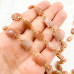 Load image into Gallery viewer, Peach Moonstone Rectangular Shape Gold Plated Wire Chain. MS42
