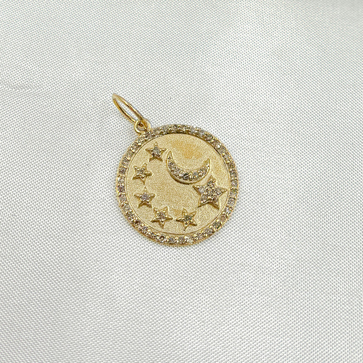 14k Solid Gold Diamond Circle Moon and Stars Charm. GDP620