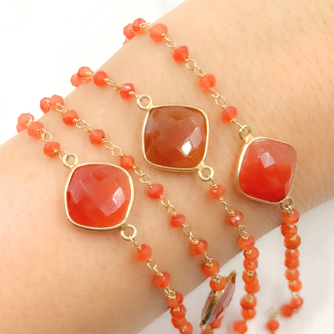 Carnelian Organic Shape Bezel Gold Plated Connected Wire Chain. CAR10