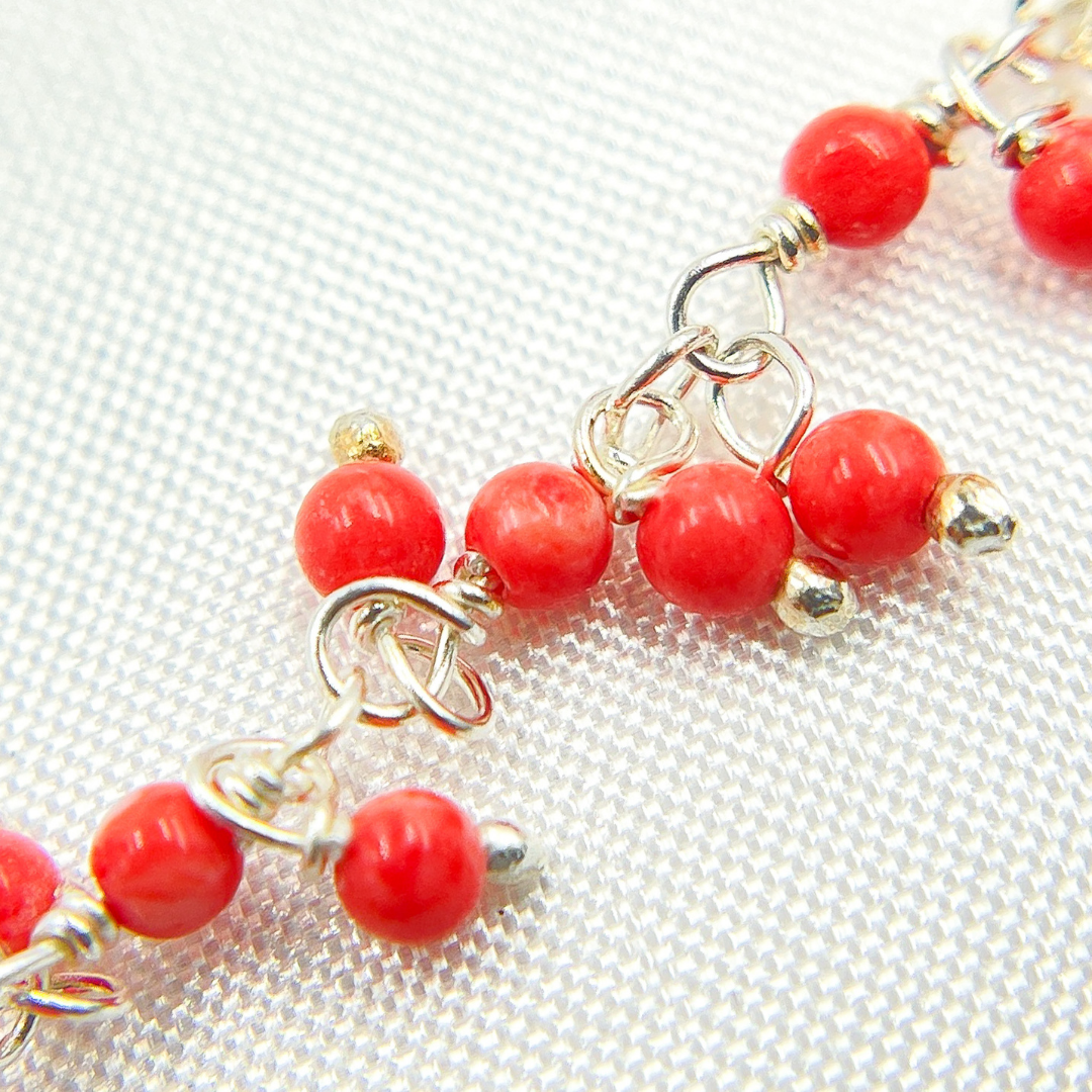 Red Coral Cluster Dangle 925 Sterling Silver Wire Chain. COR18