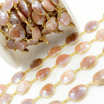 Load image into Gallery viewer, Coated Peach Moonstone Organic Shape Bezel Gold Plated Silver Wire Chain. CMS31