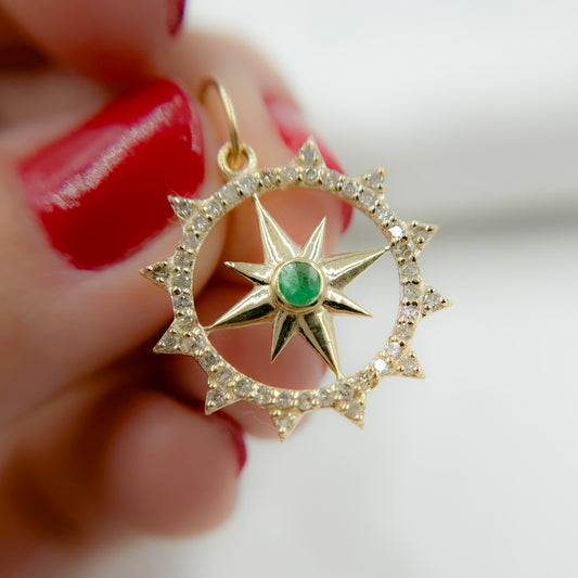 14k Solid Gold Diamond and Emerald Star Charm. GDP636