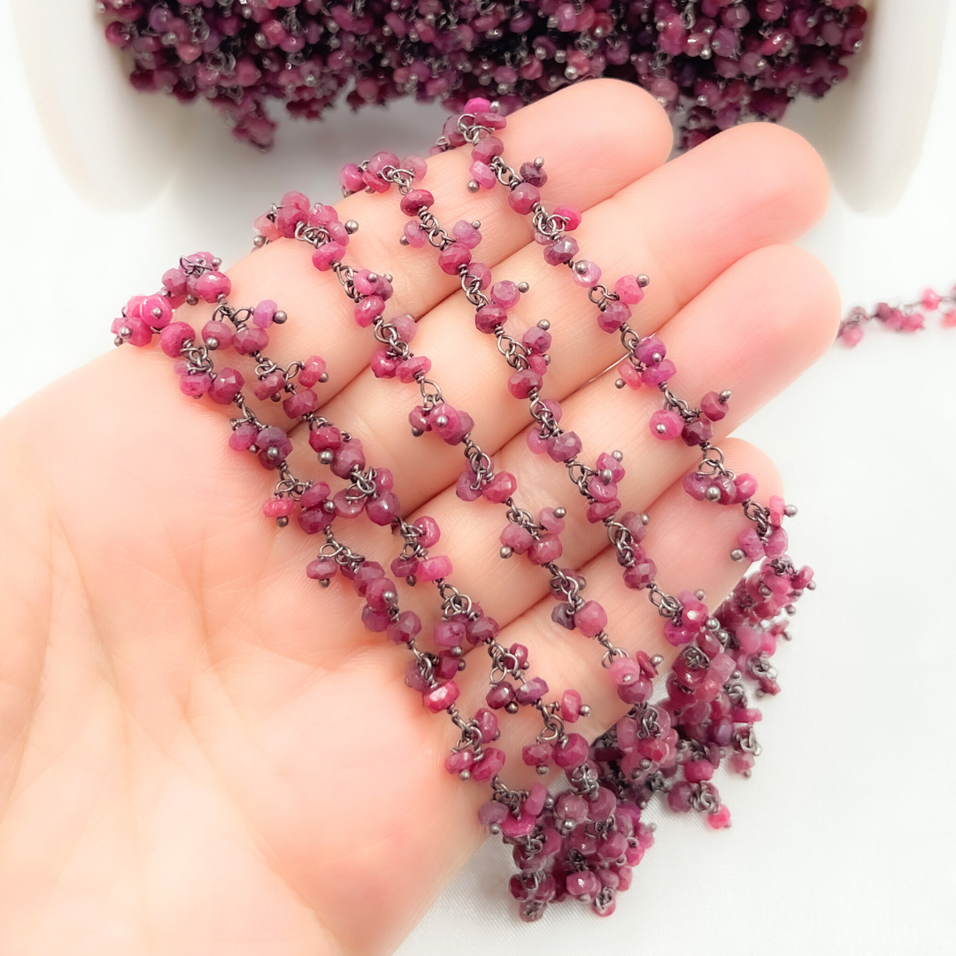 Dyed Ruby Cluster Dangle 3.5mm Oxidized Wire Chain. RUB12