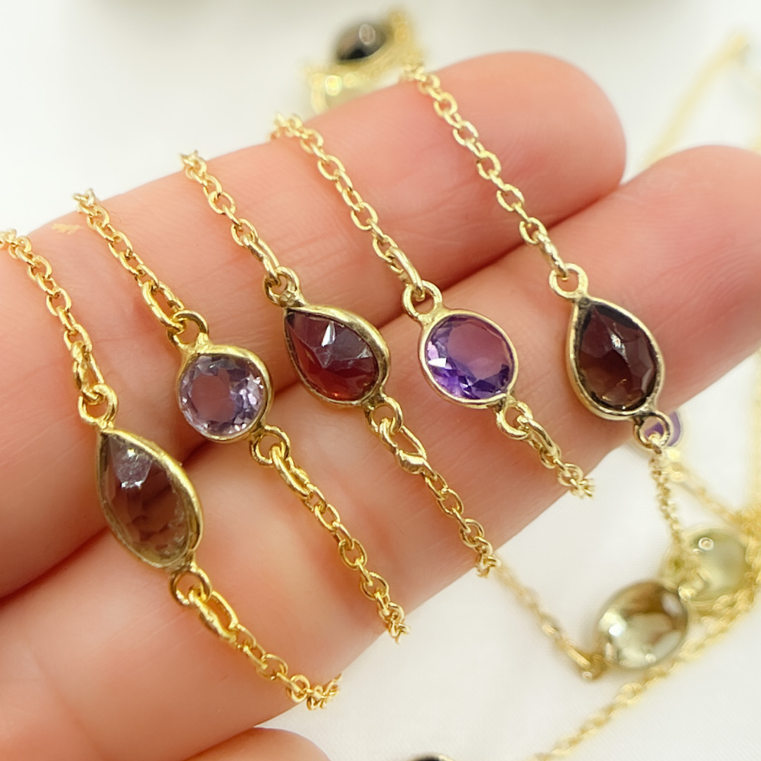 Multi Gemstone Organic Shape Gold Plated Connected Wire Chain. MGS13