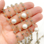 Load image into Gallery viewer, Labradorite & Pearl Gold Plated 925 Sterling Silver Wire Chain. LAB119