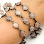 Load image into Gallery viewer, Coated Peach Moonstone Round Shape Bezel Oxidized Wire Chain. CMS110