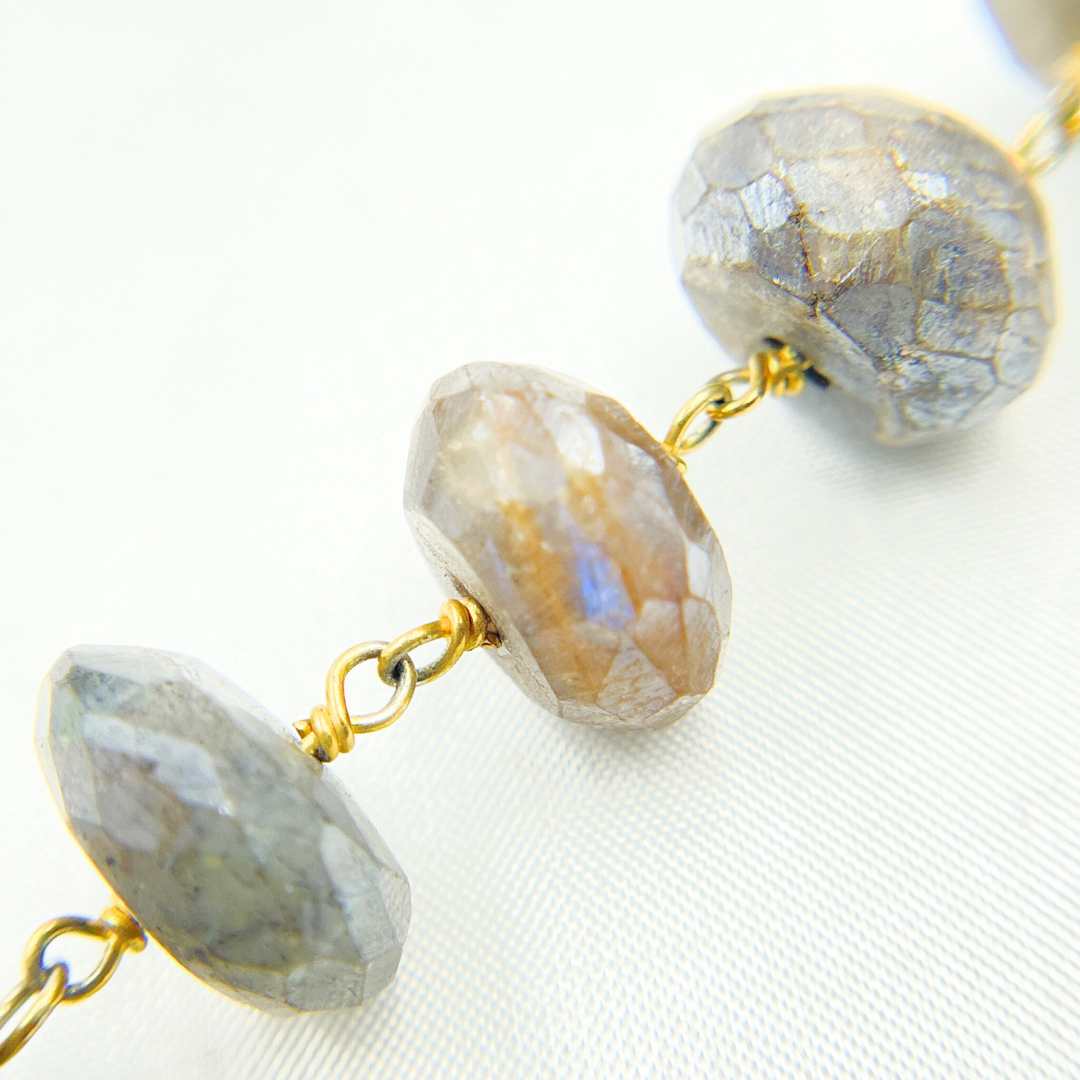 Coated Labradorite Faceted Rondel Gold Plated Wire Chain. CLB34