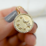 Load image into Gallery viewer, 14k Solid Gold Diamond Circle Moon and Stars Charm. GDP620