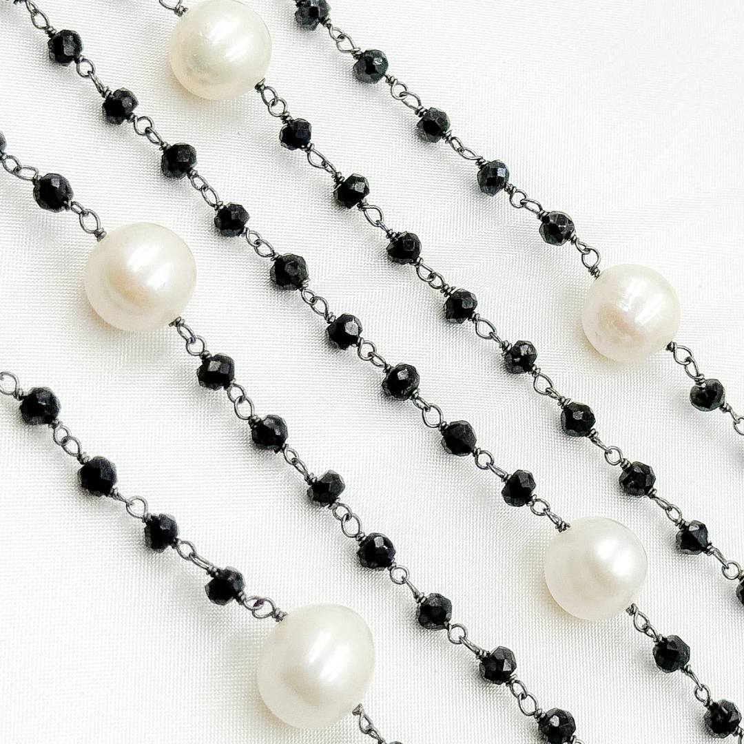 Black Spinel & Pearl Oxidized 925 Sterling Silver Wire Chain. BSP58