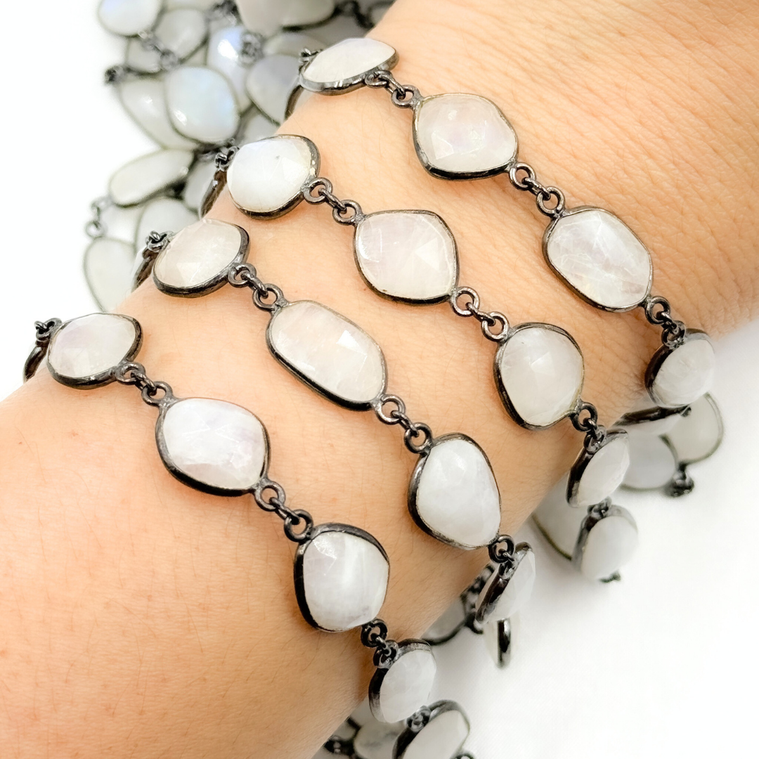 White Moonstone Organic Shape Bezel Oxidized Wire Chain