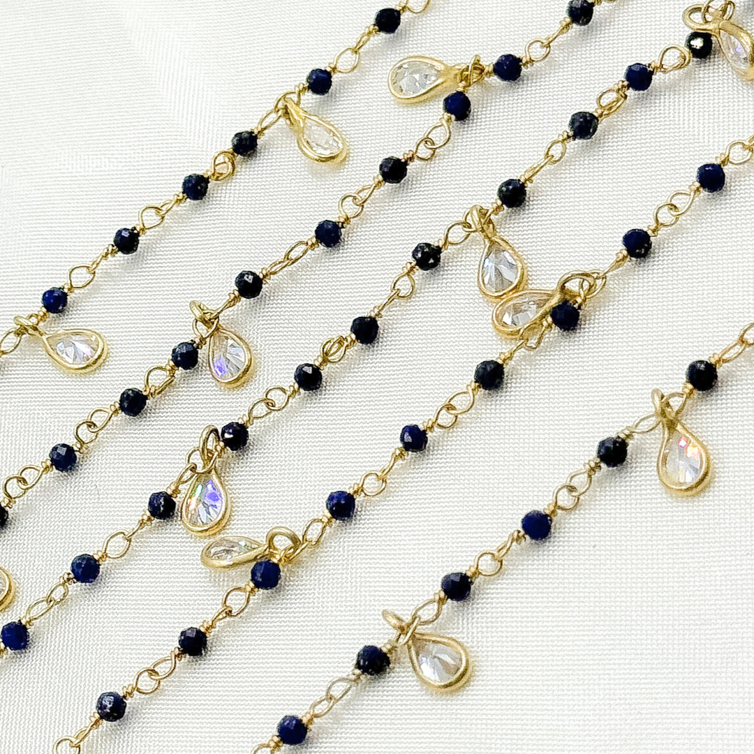 Lapis Lazuli & CZ Dangle Gold Plated Wire Chain. LAP13