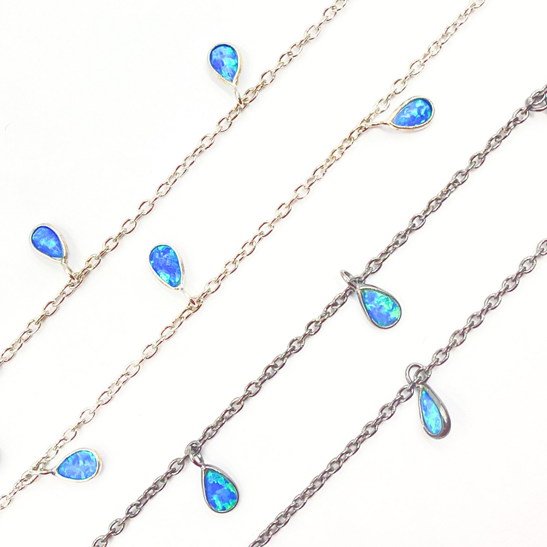 Created Blue Opal Tear Drop Shape Dangle Chain. CBO5