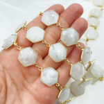 Load image into Gallery viewer, White Moonstone Hexagon Shape Bezel Gold Plated Wire Chain. WMS17