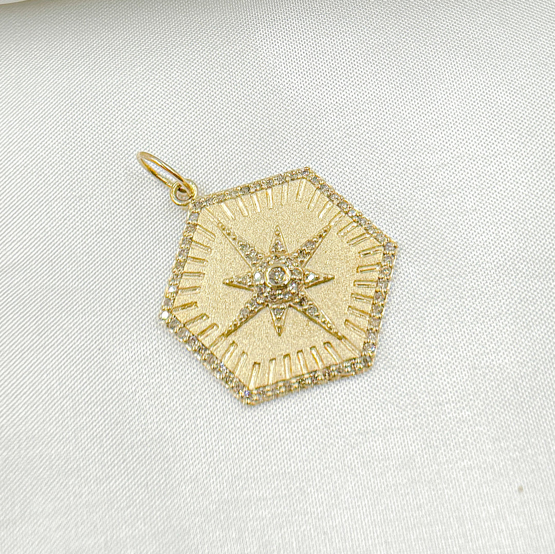 14k Solid Gold Diamond Hexagon Charm. GDP500