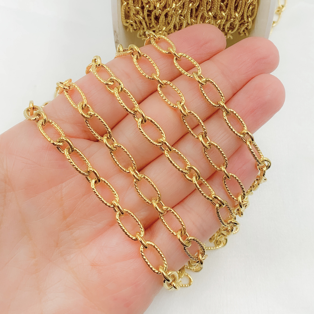 Gold Plated 925 Sterling Silver Gold Plated Textured Long and Smooth Short Oval Chain. V58GP