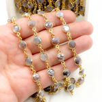 Load image into Gallery viewer, Coated Chocolate Moonstone Round Shape Bezel Gold Plated Wire Chain. CMS10