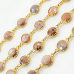 Load image into Gallery viewer, Coated Peach Moonstone Round Shape Bezel Gold Plated Wire Chain. CMS4