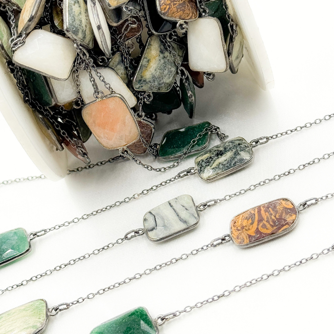 Multi Agate Rectangular Shape Bezel Oxidized Wire Chain. MAG1