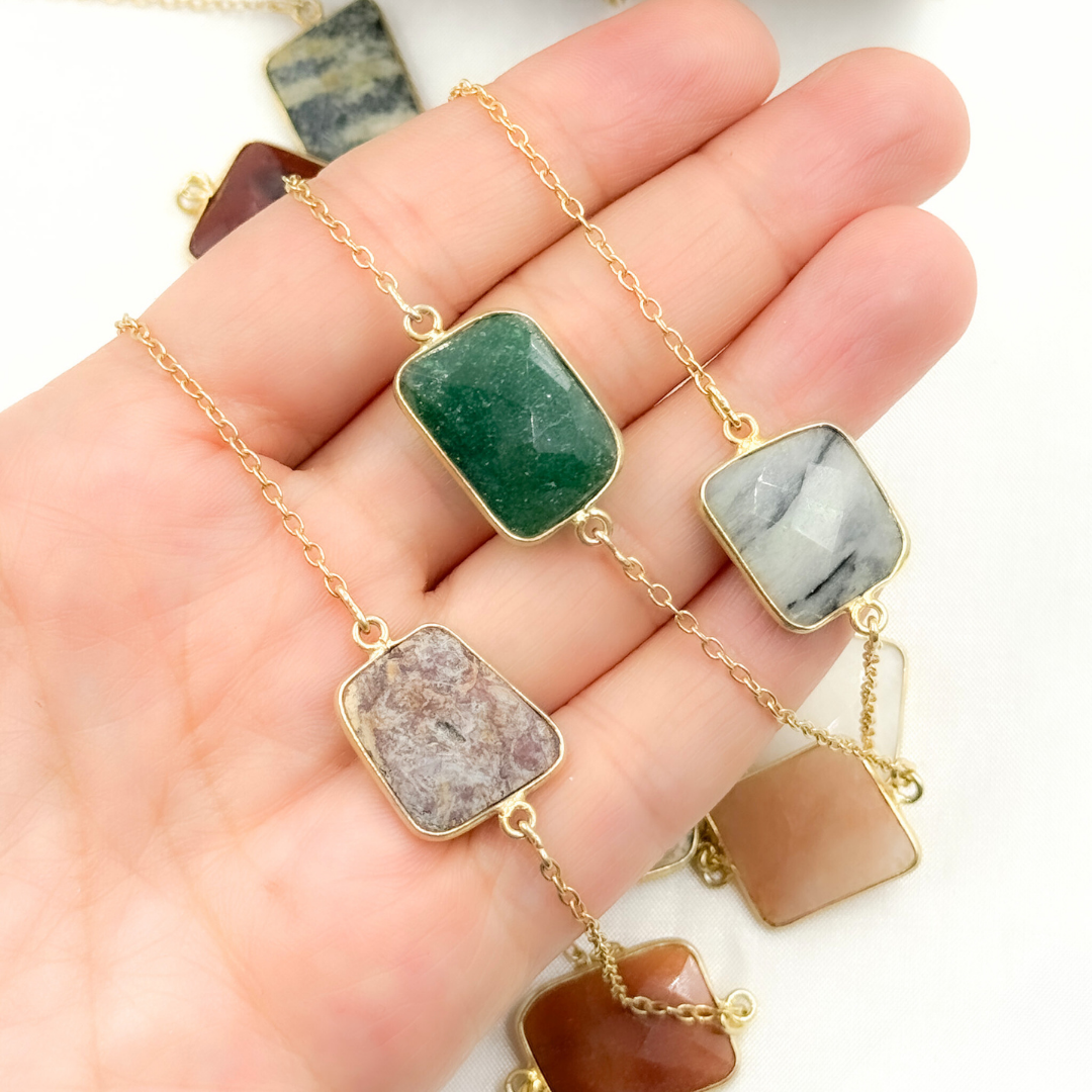 Multi Agate Rectangular Shape Bezel Gold Plated Connected Wire Chain. MAG2