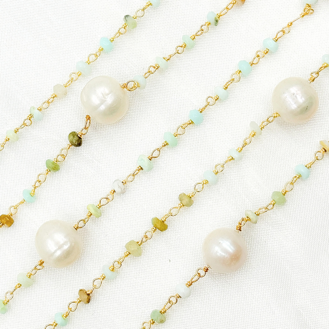 Peruvian Opal & Pearl Gold Plated 925 Sterling Silver Wire Chain. PO11