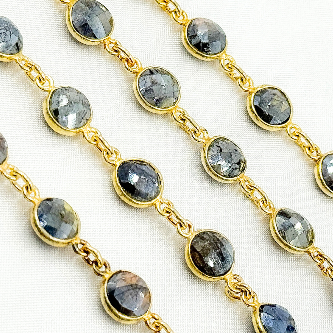 Coated Labradorite Round Shape Bezel Gold Plated Wire Chain. LAB112