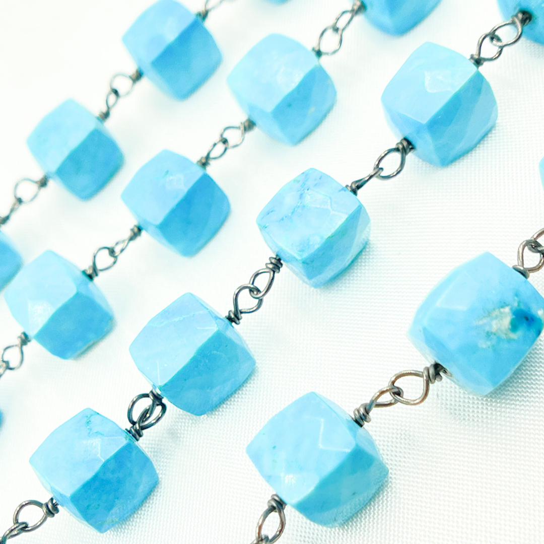Turquoise Cube Shape Oxidized 925 Sterling Silver Wire Chain. TRQ28