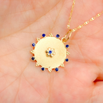 Load image into Gallery viewer, 14K Solid Gold Circle Charm with Flower in the Center in Diamond and Gemstones. GDP525