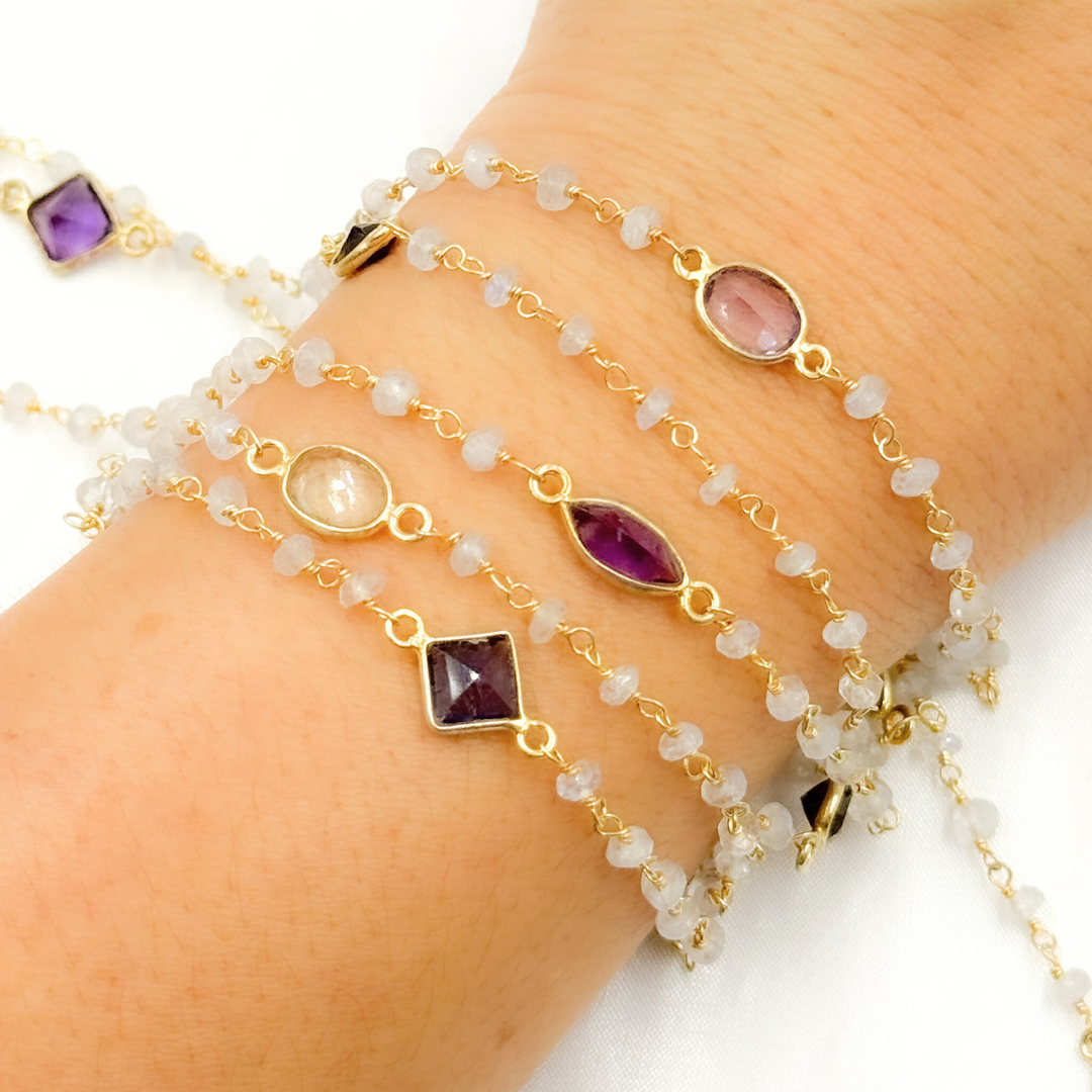 White Moonstone & Multi Stone Gold Plated Wire Chain
