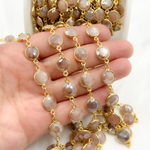 Load image into Gallery viewer, Coated Peach Moonstone Round Shape Bezel Gold Plated Wire Chain. CMS4