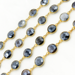 Load image into Gallery viewer, Coated Grey Moonstone Round Shape Bezel Gold Plated Wire Chain. CMS22