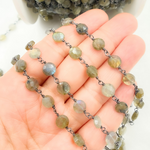 Load image into Gallery viewer, Labradorite Coin Oxidized Wire Chain. LAB62