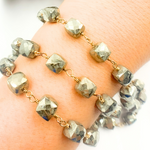 Load image into Gallery viewer, Pyrite Cube Shape Gold Plated Wire Chain. PYR55
