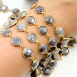 Load image into Gallery viewer, Coated Chocolate Moonstone Round Shape Bezel Gold Plated Wire Chain. CMS25