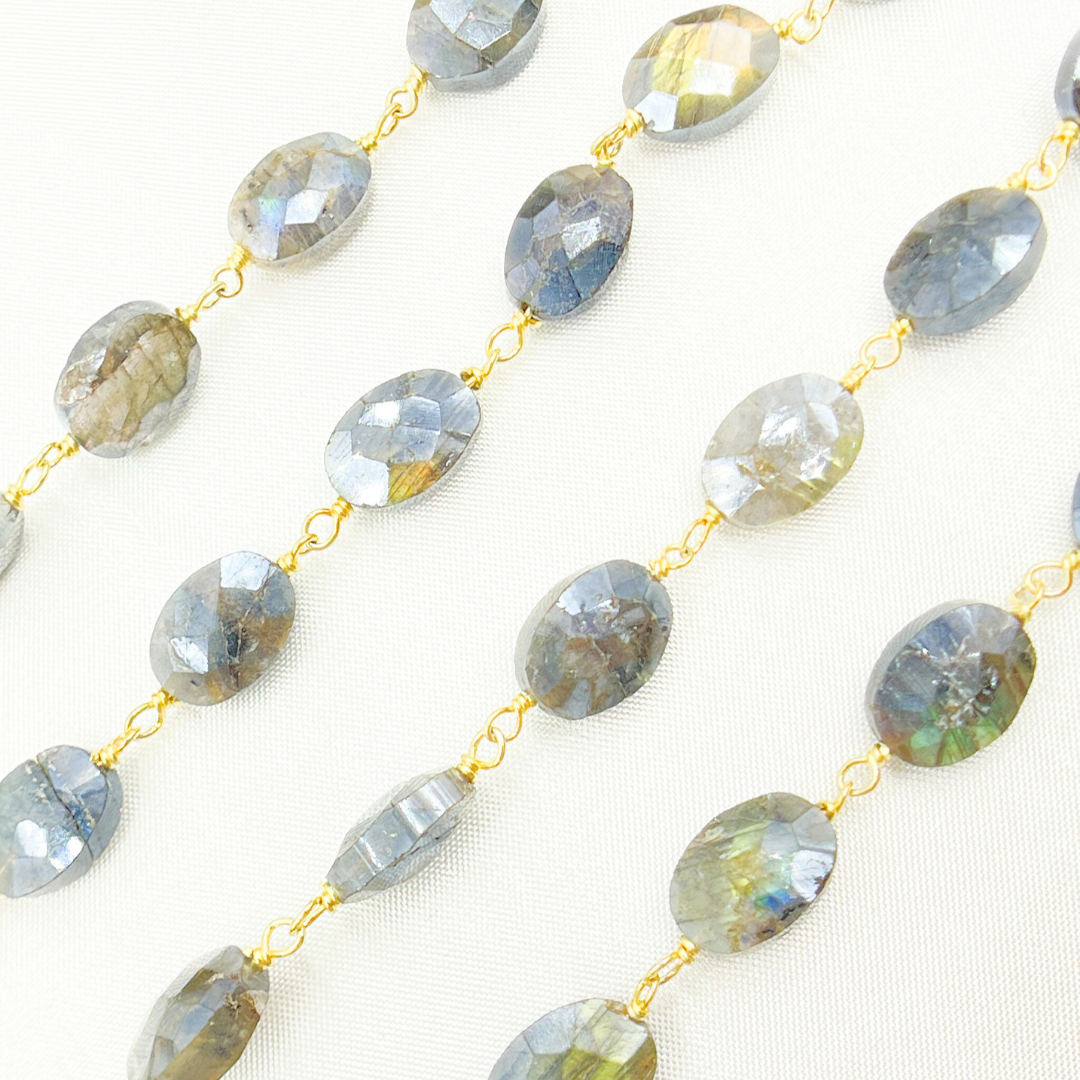 Coated Labradorite Oval Shape Gold Plated Wire Chain. CLB40