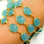 Load image into Gallery viewer, Blue Chalcedony Organic Shape Bezel Gold Plated Wire Chain. BCL8
