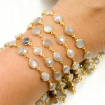 Load image into Gallery viewer, Coated Light Grey Moonstone Round Shape Bezel Gold Plated Wire Chain. CMS113